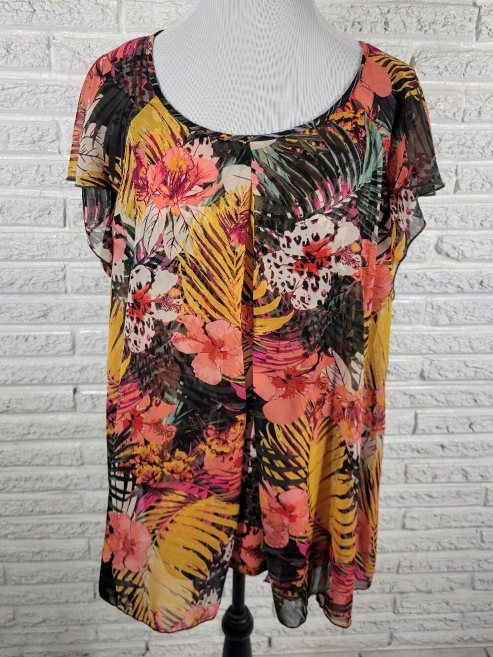 Roz & Ali Womens Top 2X Plus Floral Sheer Flutter Sleeve Split Front FLO6E